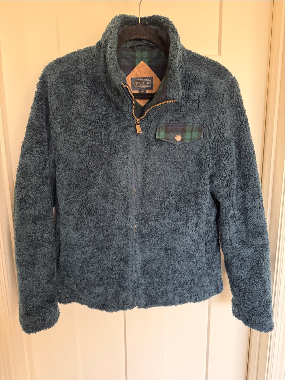 Pendleton Plush Zip-Up Teddy Jacket in Slate Blue with Plaid Trim